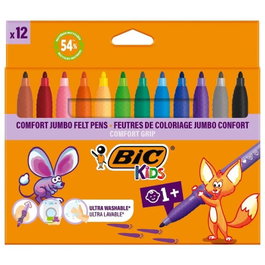 Bic Kids Comfort Jumbo Pack de 12 Rotuladores con Tinta Lavable, Agarre Antideslizante, Colores Variados